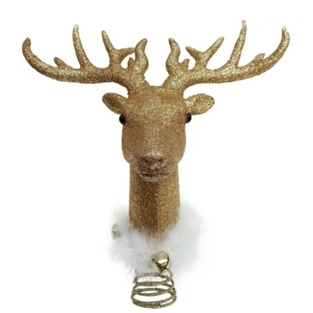 Holiday Time 14" Gold Glitter Deer Head with Feather Scarf Tree Topper